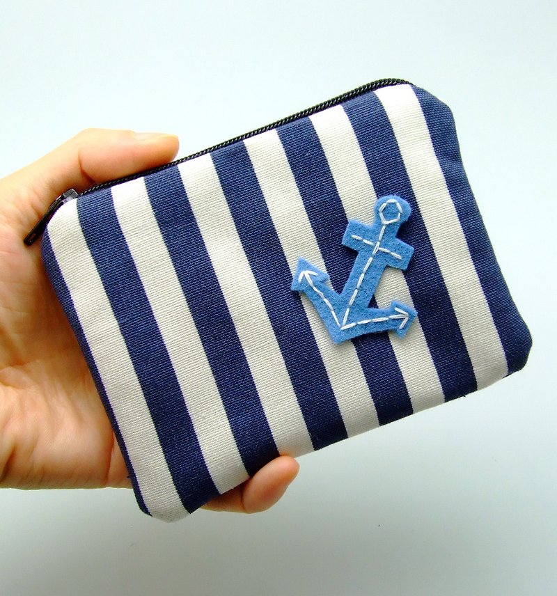 拉鍊零錢包，卡片包，鑰匙包，耳機包，小物包 (藍白條子) (ZS-85) - 零錢包/小錢包 - 棉．麻 藍色
