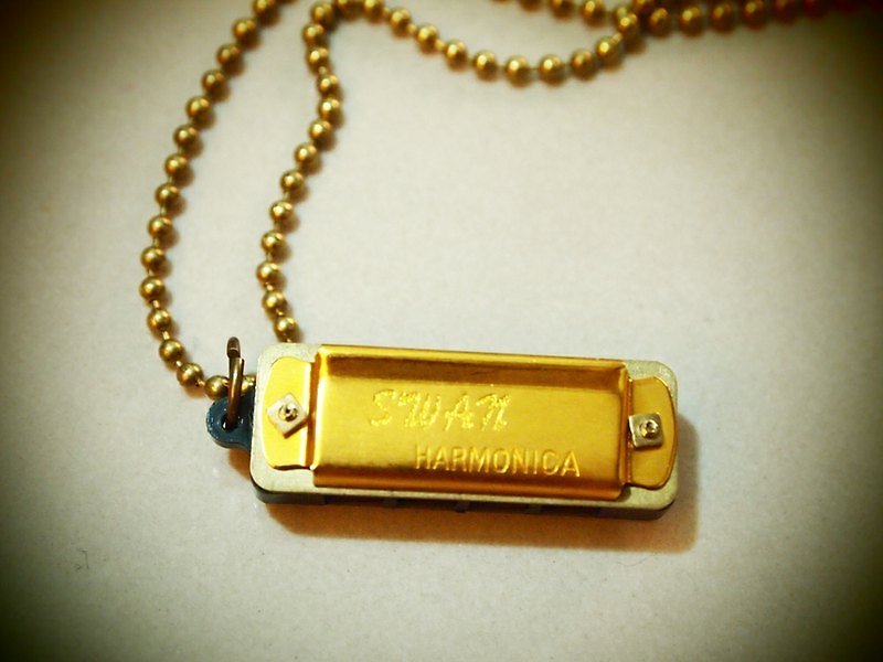 Vintage Mini Harmonica Long Necklace Mini harmonica gold (ball chain type) - สร้อยคอยาว - วัสดุอื่นๆ สีเหลือง