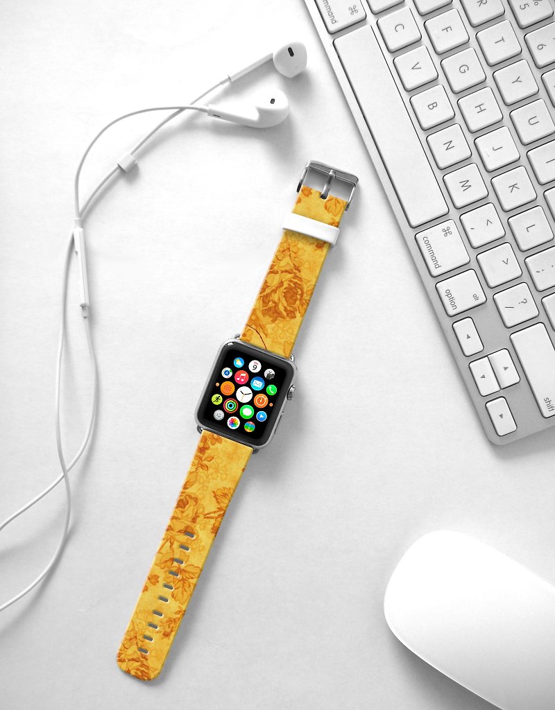 Designer Apple Watch band for All Series - Golden Rose Floral pattern - สายนาฬิกา - หนังแท้ 