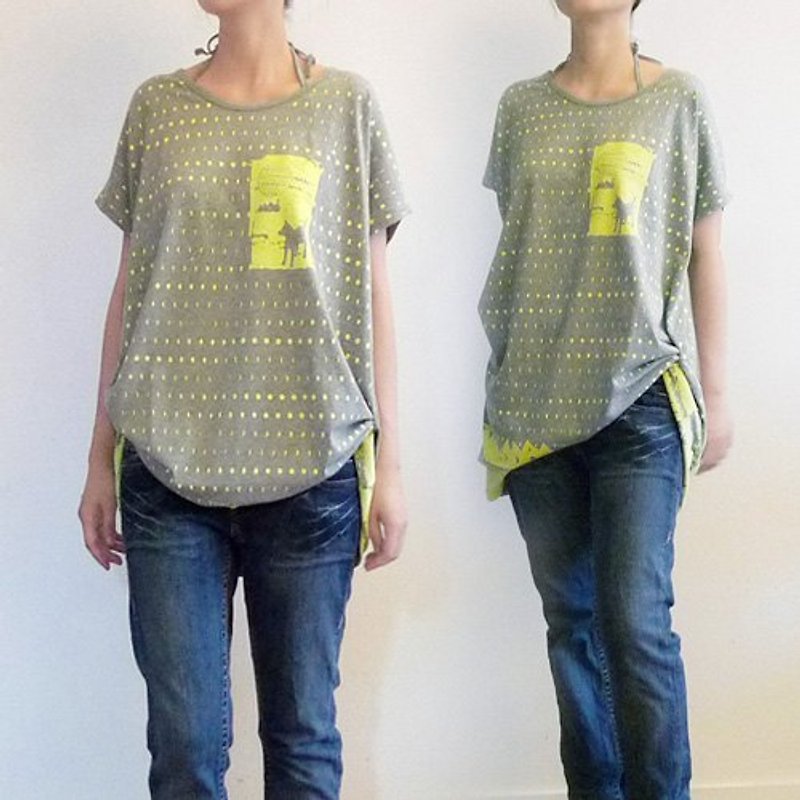 : Urb [moon] female dog travel / gray (Huangyue Liang) / Multi-worn x Creative tying paragraph / onesize. - Women's T-Shirts - Cotton & Hemp Yellow