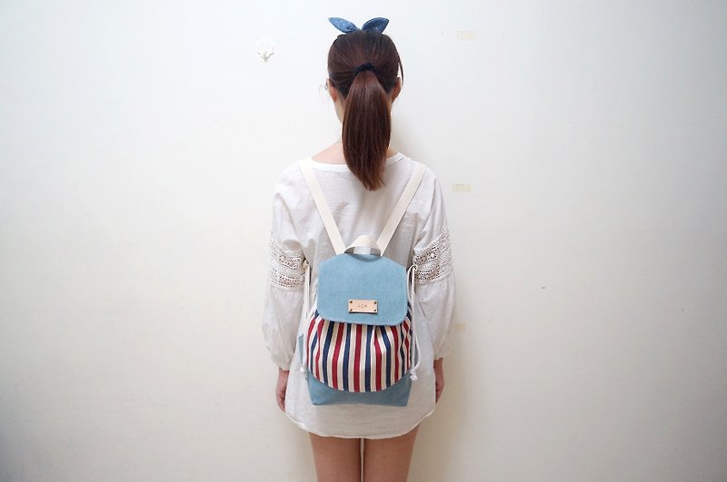 When the red and blue striped denim met backpack / Get a free print name leather standard - Backpacks - Other Materials Blue