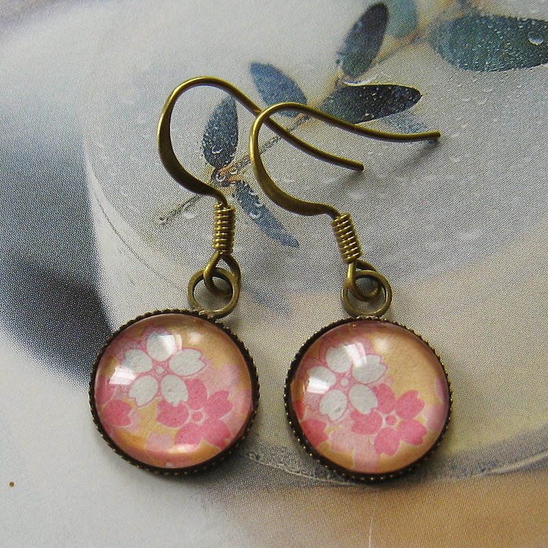 日本和紙玻璃片青古銅耳環 - 耳環/耳夾 - 其他金屬 粉紅色