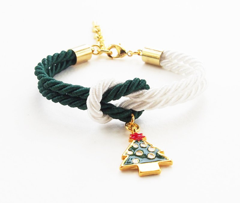 Christmas gift collection , Green/White knot rope bracelet with Christmas tree charm - สร้อยข้อมือ - วัสดุอื่นๆ สีเขียว