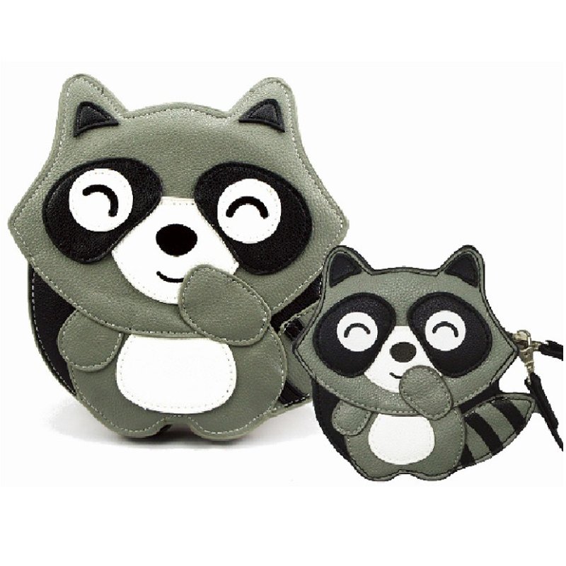 Sleepyville Critters Cool Music Village USA design - smiling little raccoon messenger bag + purse combination - Messenger Bags & Sling Bags - Genuine Leather Gray