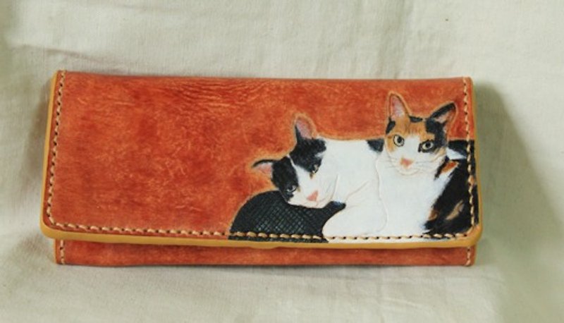 Customized pet two cats British brown pure leather long wallet (customized lover, birthday gift) - กระเป๋าสตางค์ - หนังแท้ สีส้ม