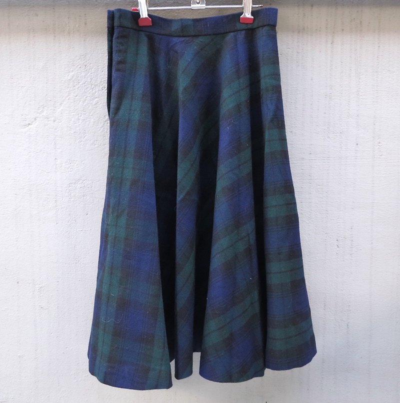 FOAK vintage blue-green plaid woolen skirt big skirt - Skirts - Other Materials Green