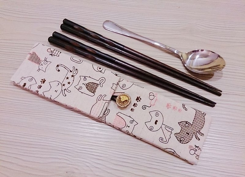 環保餐具收納袋 雙層筷子袋 貓咪款 雙筷套組 - 筷子/筷子架 - 其他材質 多色