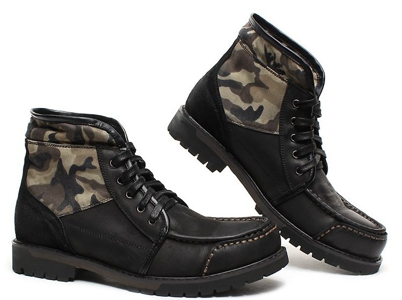 Hau Temple yield military-style camouflage style leather reflexed two uniformed black boots - รองเท้าลำลองผู้ชาย - หนังแท้ สีดำ