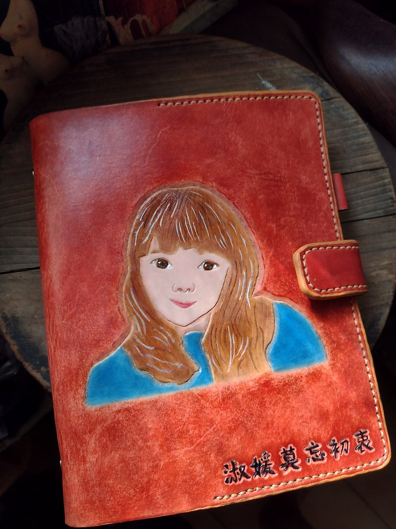 Customized personal illustration portrait pure leather A5 six-hole universal manual (customized lover, birthday) - Notebooks & Journals - Genuine Leather Orange