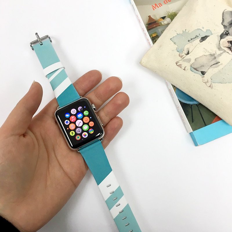 หนังแท้ อื่นๆ - Cyan Geometric Printed on Leather watch band for Apple Watch Series 1 - 5 Fitbit