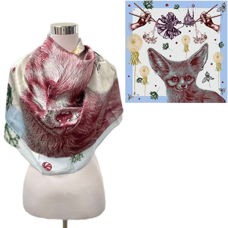 Fox dreamer square silk scarf - ผ้าพันคอ - วัสดุอื่นๆ สีม่วง