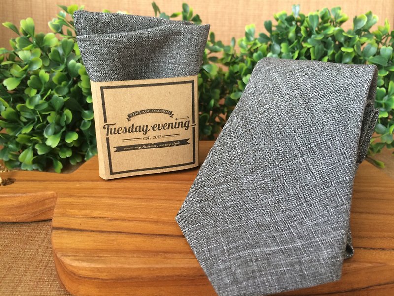 灰色復古領帶、灰色口袋巾 - 領呔/呔夾 - 其他材質 灰色