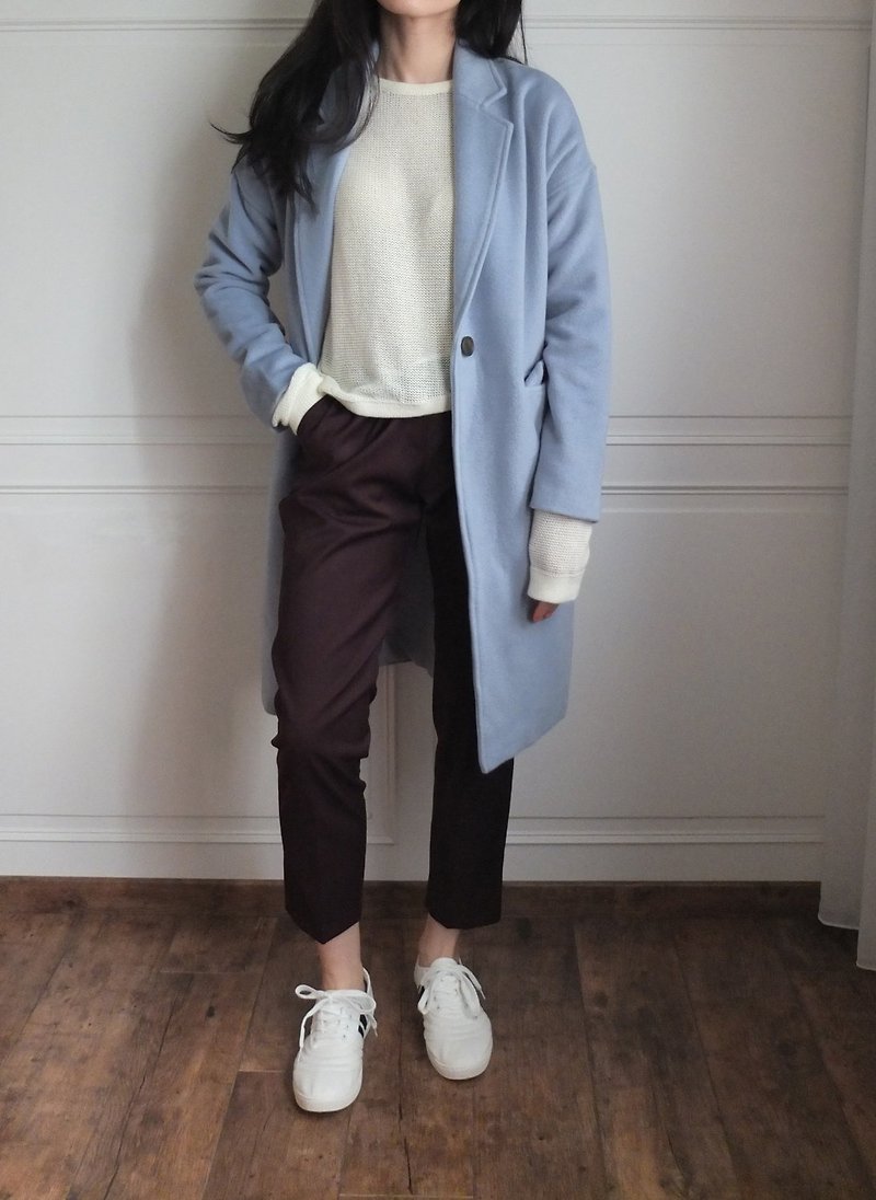 Ice blue fitted wool coat (Kashmir wool/other colors are available) - เสื้อแจ็คเก็ต - ขนแกะ สีน้ำเงิน