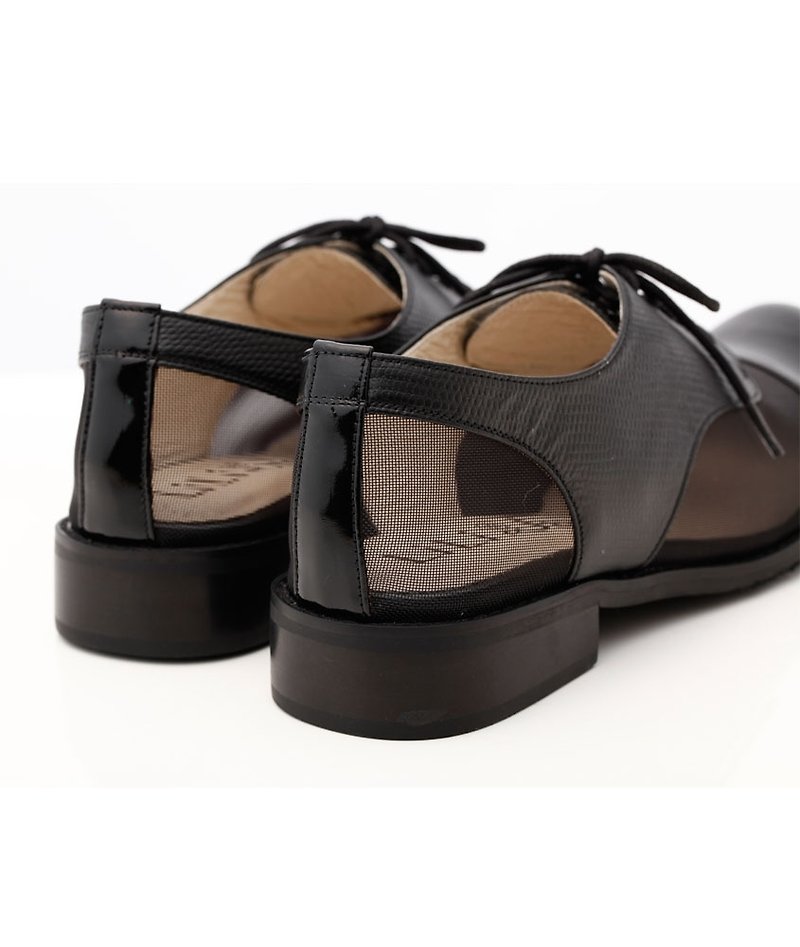 法式典雅全真皮手工細網牛津鞋_蜥蜴黑/亮漆頭 - Women's Casual Shoes - Genuine Leather Black