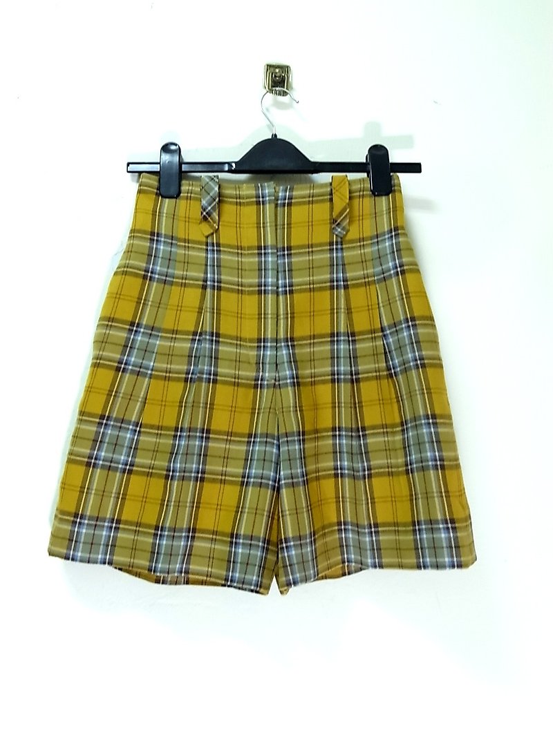Mustard Yellow Coffee Plaid skirt waist shorts vintage PdB - Women's Pants - Other Materials Yellow