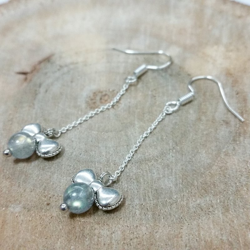 silver-plated earling with labradorite-round bead labradorite long earrings - ต่างหู - เครื่องเพชรพลอย สีน้ำเงิน