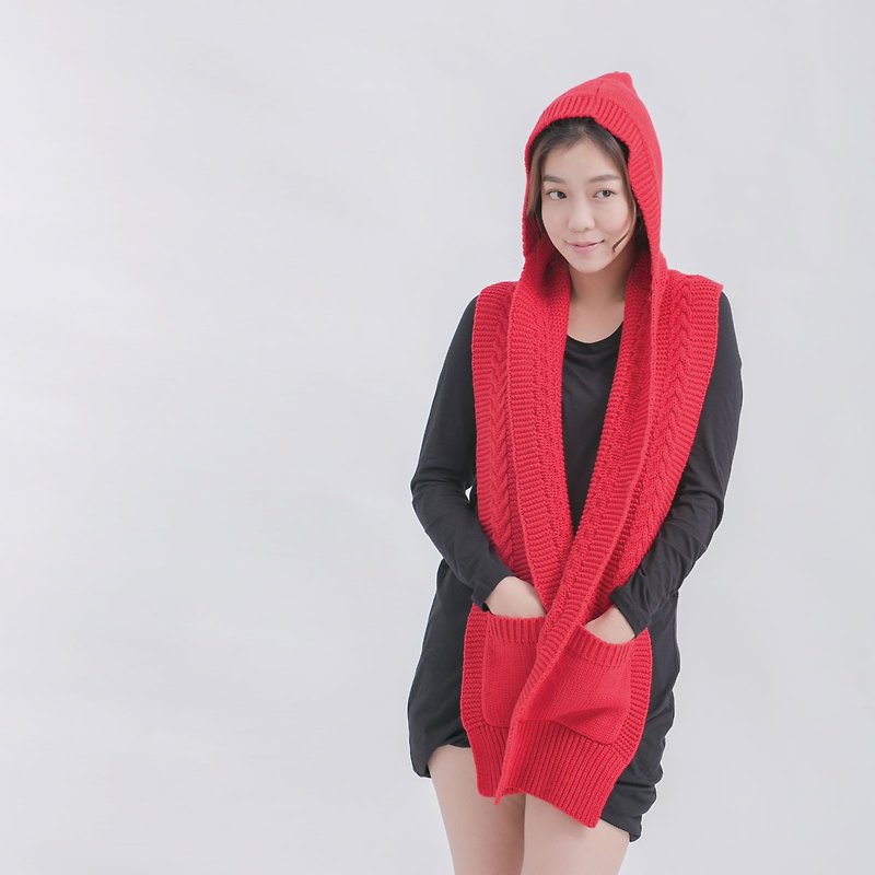 Goody hooded knit scarf / red - Scarves - Other Materials Red