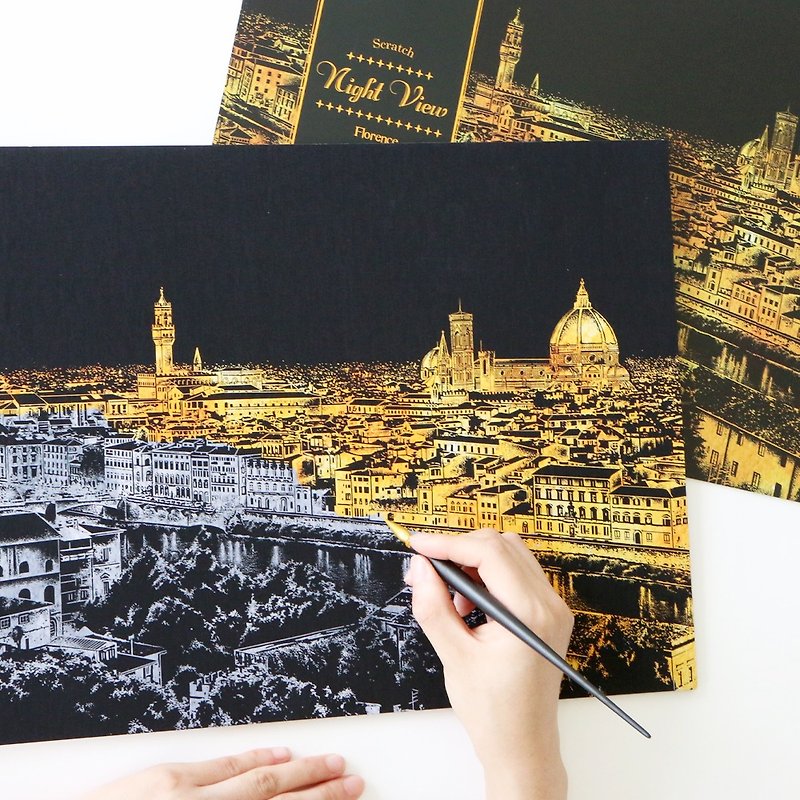 Hand scraping city golden night view - Florence - Wood, Bamboo & Paper - Paper Gold