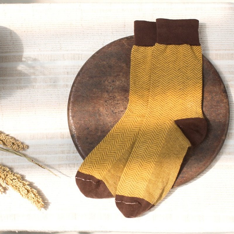 Lin Guoliang Pin Herringbone Gentleman Socks Pudding Yellow - Dress Socks - Cotton & Hemp Yellow