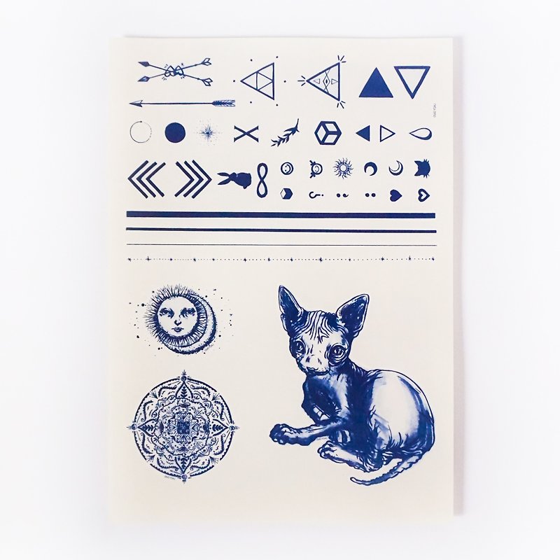 LAZY DUO Temporary Tattoo Stickers { SET 12 } Sun Moon Cat Mandala Triangle Linework - สติ๊กเกอร์แทททู - กระดาษ สีน้ำเงิน