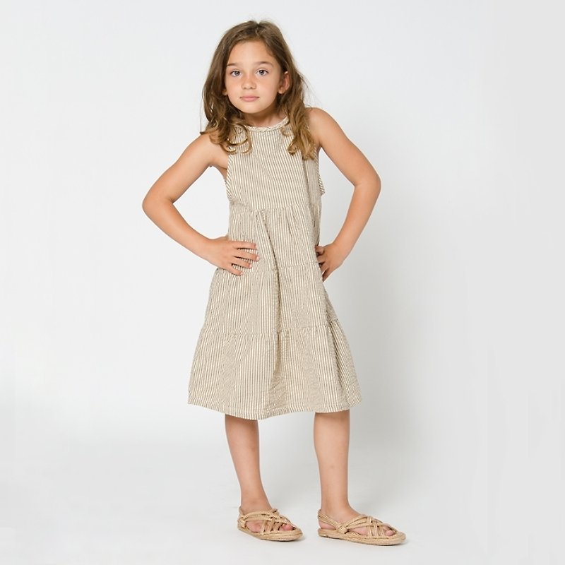 [Nordic children's clothing] Swedish summer organic cotton long girl dress from 3 to 10 years old_stripe Khaki - Kids' Dresses - Cotton & Hemp Khaki