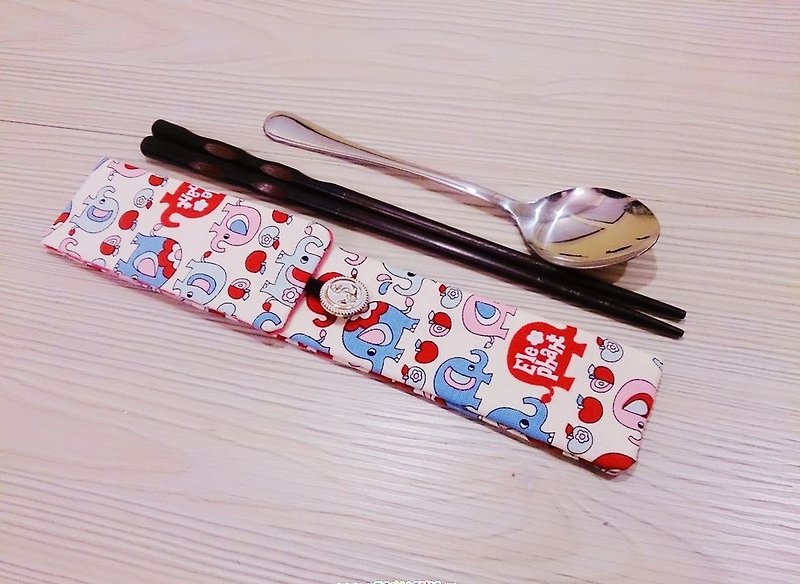 環保餐具收納袋  雙層筷子袋 筷子套 小象款 - 筷子/筷架 - 其他材質 白色