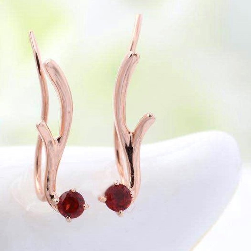 Made to Order - HAPPINESS RAINBOW DEER - 2.5mm Round Faceted Garnet 18K Rose Gold Earring - Earrings & Clip-ons - Gemstone Red