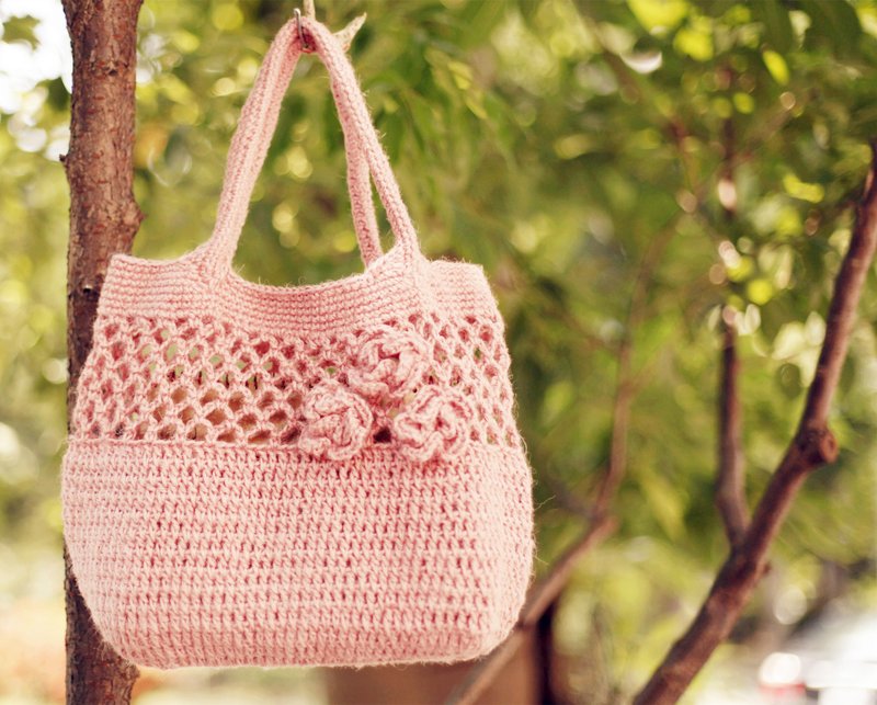 [Good day] summer knit hand-made flower bag - กระเป๋าถือ - ผ้าฝ้าย/ผ้าลินิน สีแดง