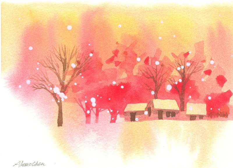 聖誕卡片「療癒系樹林系列1-88」水彩手繪限量版明信片/賀卡 - การ์ด/โปสการ์ด - วัสดุอื่นๆ สีแดง