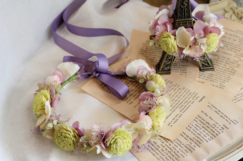 Bridal crown [series] Shipping composition corolla / wrist flower (green) + purple hydrangea - เครื่องประดับผม - วัสดุอื่นๆ สีม่วง