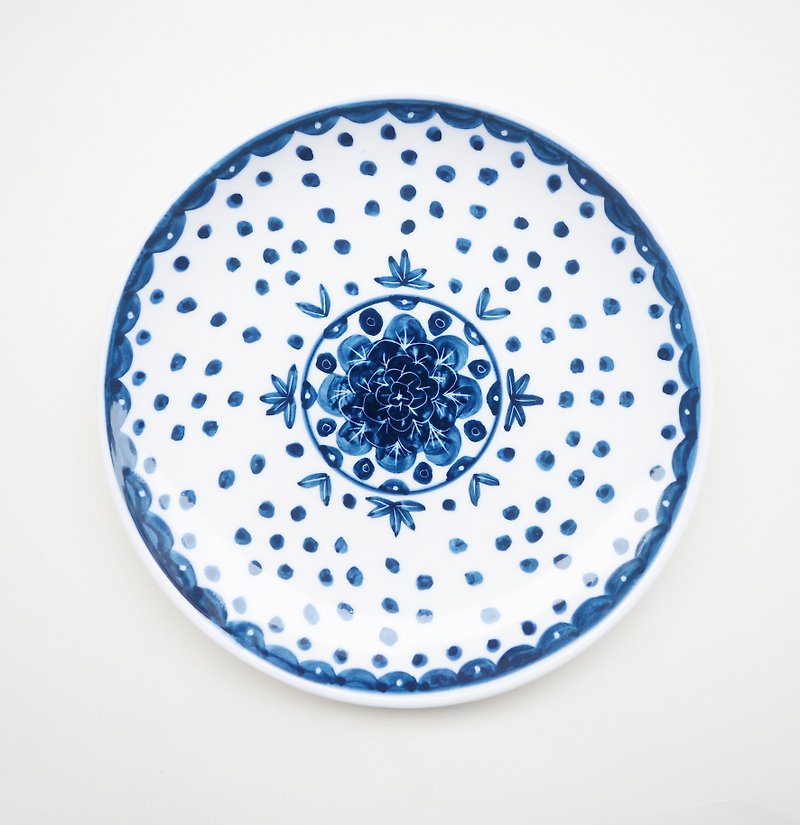 手描きのプレート7インチのケーキパン - ロータス - 小皿 - 磁器 ブルー