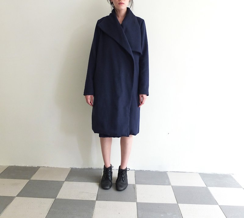 Navy blue blanket-style wool coat (can be customized as black) - เสื้อแจ็คเก็ต - ขนแกะ 