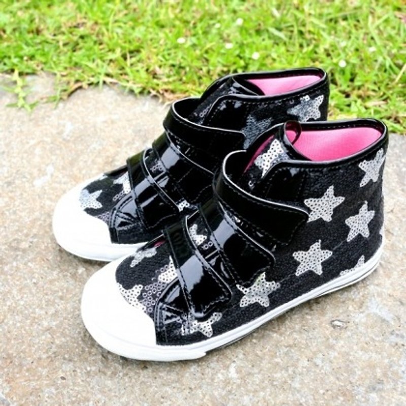Emily black and silver stars small high-top casual shoes (zero code special offer only accept returns) - รองเท้าเด็ก - วัสดุอื่นๆ สีดำ