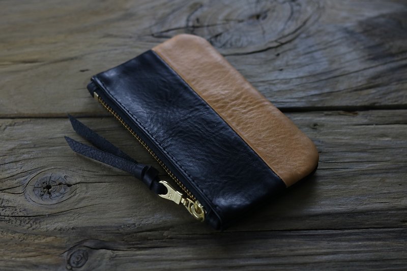 拼接革袋(黑色/原色)-財布/錢包/收納袋/萬用袋 - 長短皮夾/錢包 - 真皮 