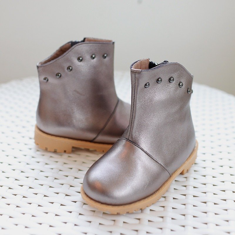 Taiwan Handmade Metallic Leather Children's Short Boots-Silver - Kids' Shoes - Genuine Leather Gray