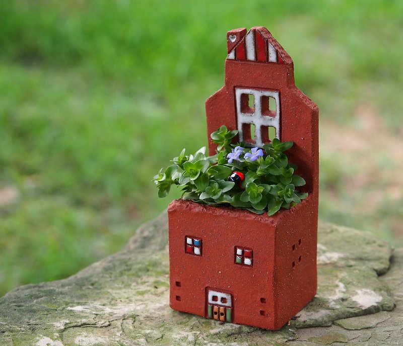 【ガーデンコテージガーデン]タオ手作り - 超かわいいコテージや窓（M）/ロックセラミック/レッドハウス - 観葉植物 - その他の素材 