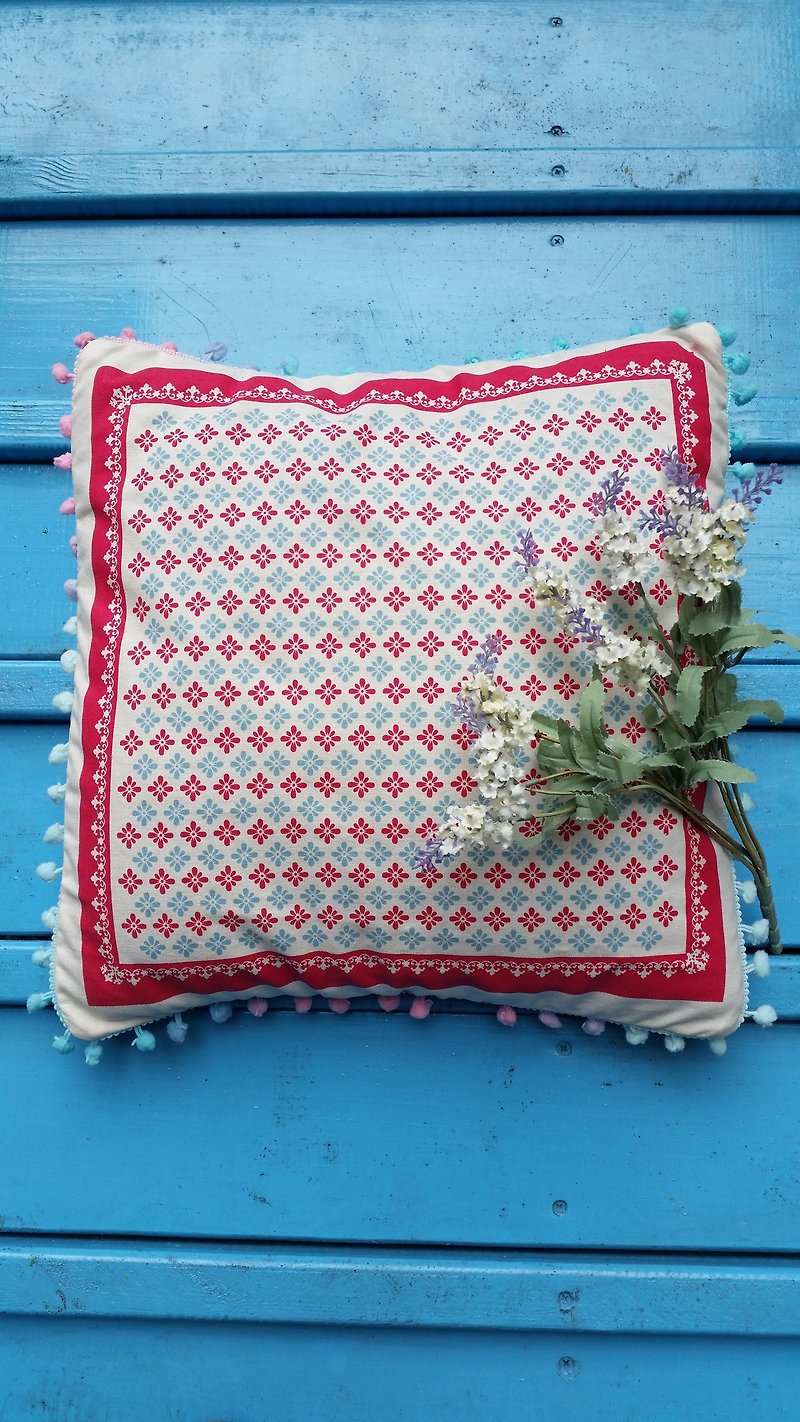 Nordic style changing color hair ball, Peach, light blue flower pattern cushion/pillow - Pillows & Cushions - Other Materials White