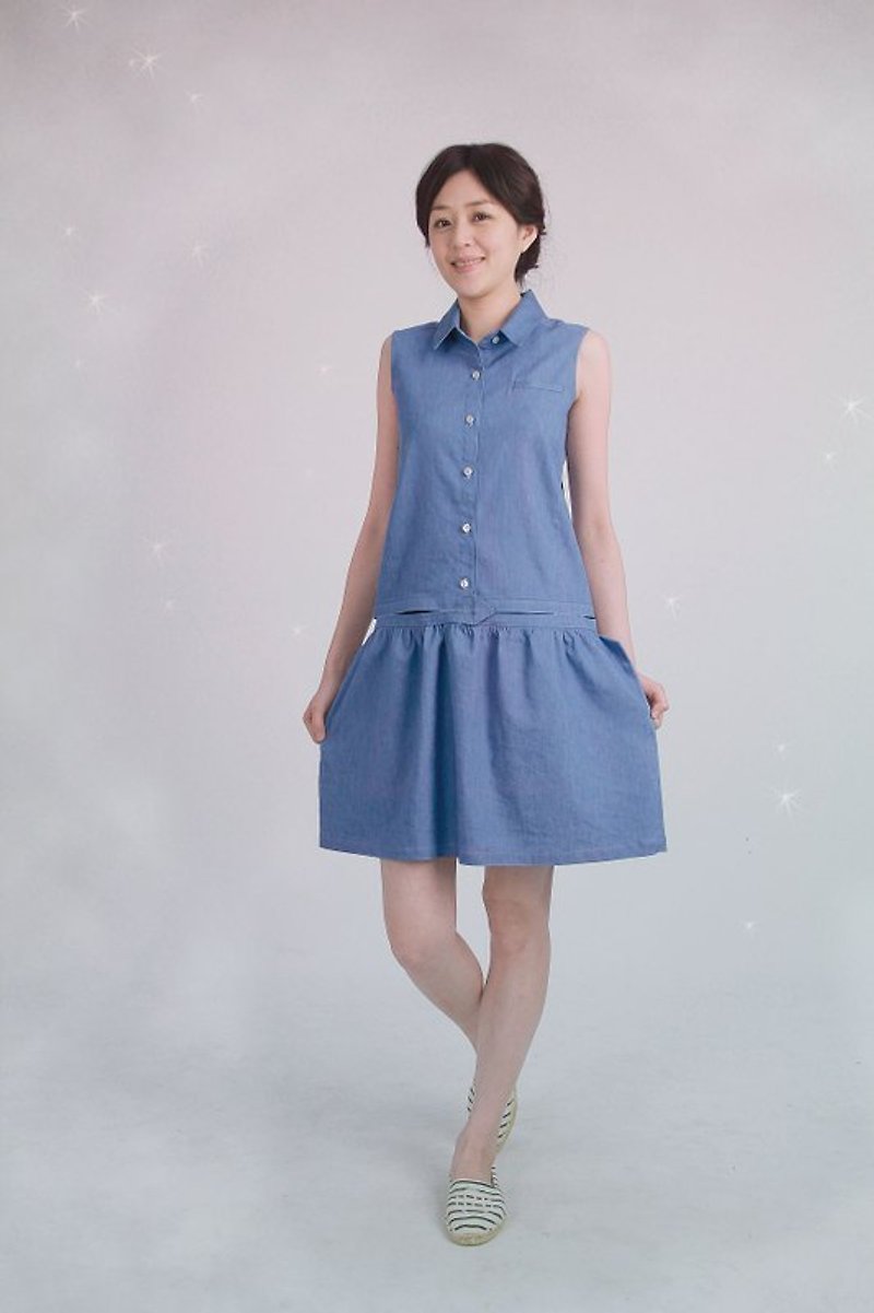 Faye 丹寧結構洋裝 - 連身裙 - 其他材質 藍色