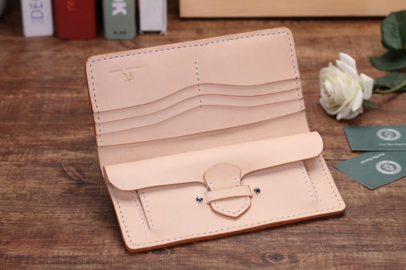 [Cutting line] Italian vegetable tanned leather handmade genuine leather lady wallet long clip 002 original colors - Wallets - Genuine Leather Khaki
