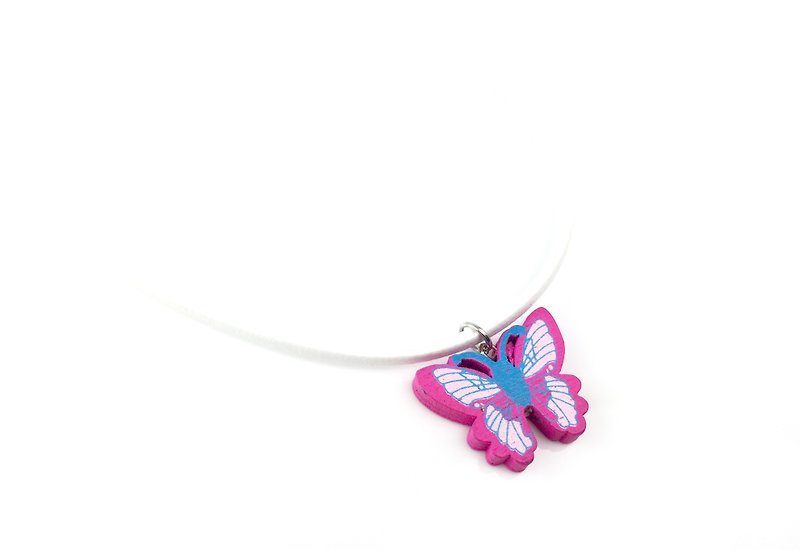 Peach wood butterfly - white rope necklace - Necklaces - Genuine Leather Pink