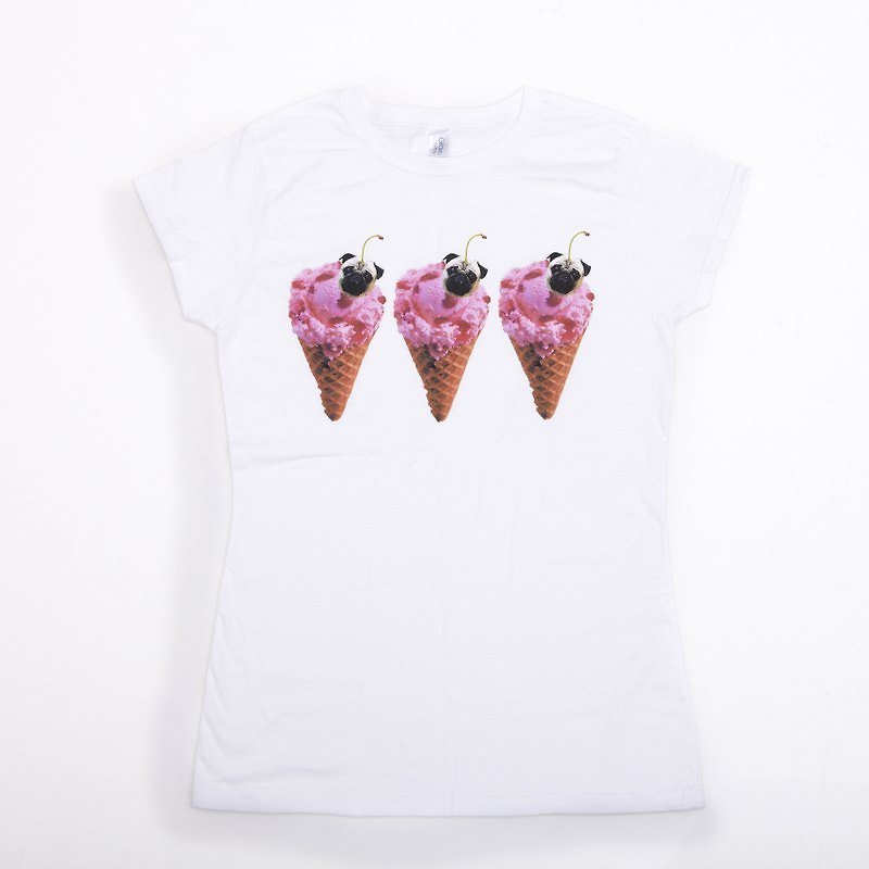 [ YONG ] Strawberry Puglicious Tee - เสื้อยืดผู้หญิง - ผ้าฝ้าย/ผ้าลินิน ขาว