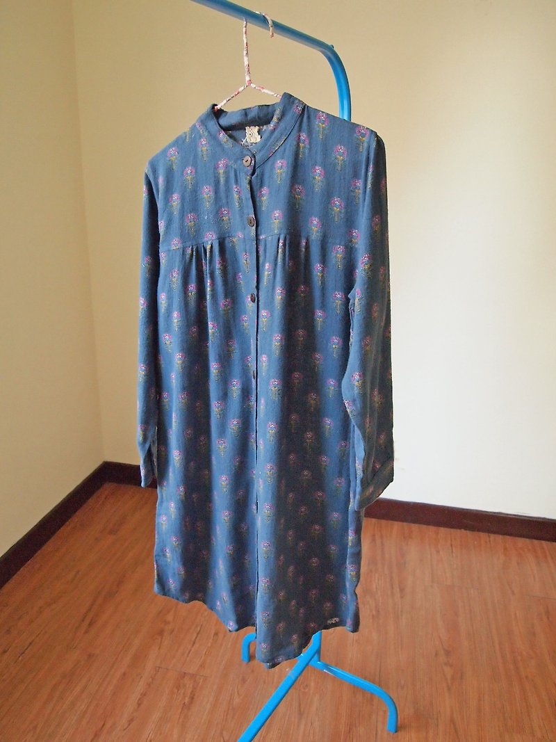 Japaindia古典幸運小花串洋裝 - 洋裝/連身裙 - 棉．麻 藍色
