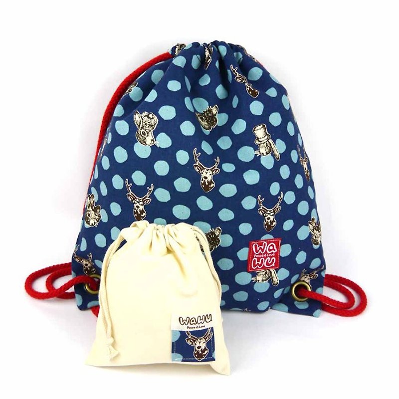 WaWu Drawstring backpack (Rabbit and deer/blue) - กระเป๋าหูรูด - ผ้าฝ้าย/ผ้าลินิน สีน้ำเงิน