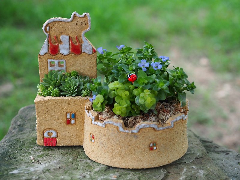 [Garden cottage Garden] pottery hand-made-super cute cat garden / rock yellow / without plants - Plants - Pottery Yellow