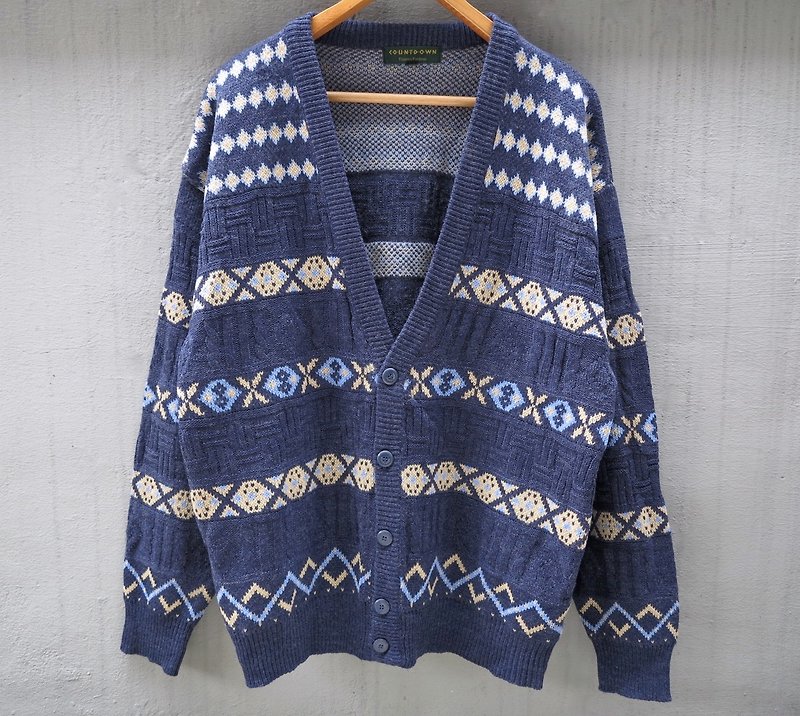FOAK古著 藍黃撞色民族毛衣外套 - Men's Sweaters - Other Materials Blue