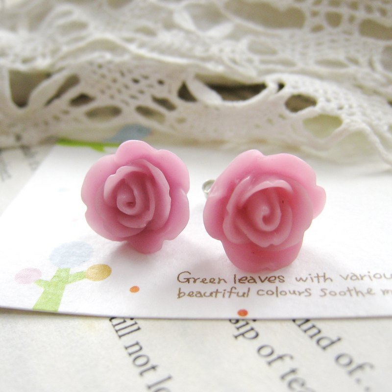 Resin Little Rose earrings (purple) - Earrings & Clip-ons - Plastic Pink