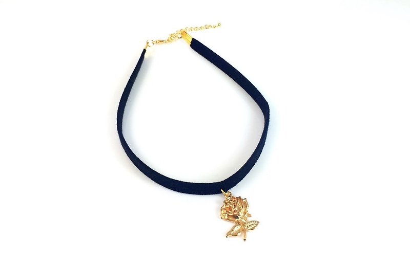 "Golden Rose-Black Suede Necklace" Thick - สร้อยคอ - หนังแท้ สีทอง