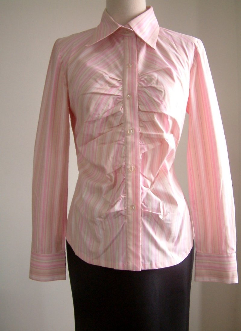 Striped Long Sleeve Shirt-Pink Coffee Strip - เสื้อเชิ้ตผู้หญิง - วัสดุอื่นๆ สึชมพู