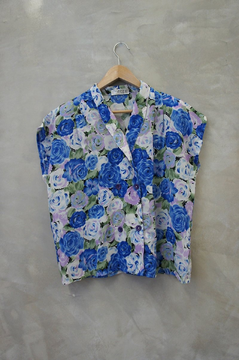 PdB old with broad shoulders style violet chiffon sleeveless blouse - เสื้อเชิ้ตผู้หญิง - วัสดุอื่นๆ สีน้ำเงิน