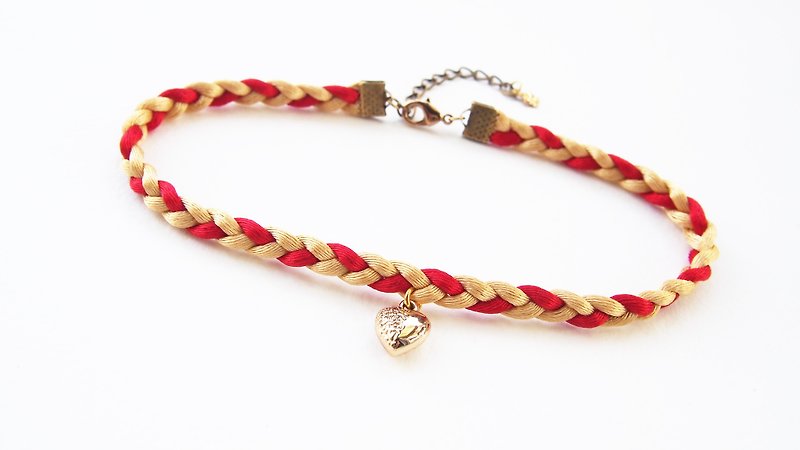 Red gold braided choker / necklace with tiny gold heart charm. - Necklaces - Other Materials Red